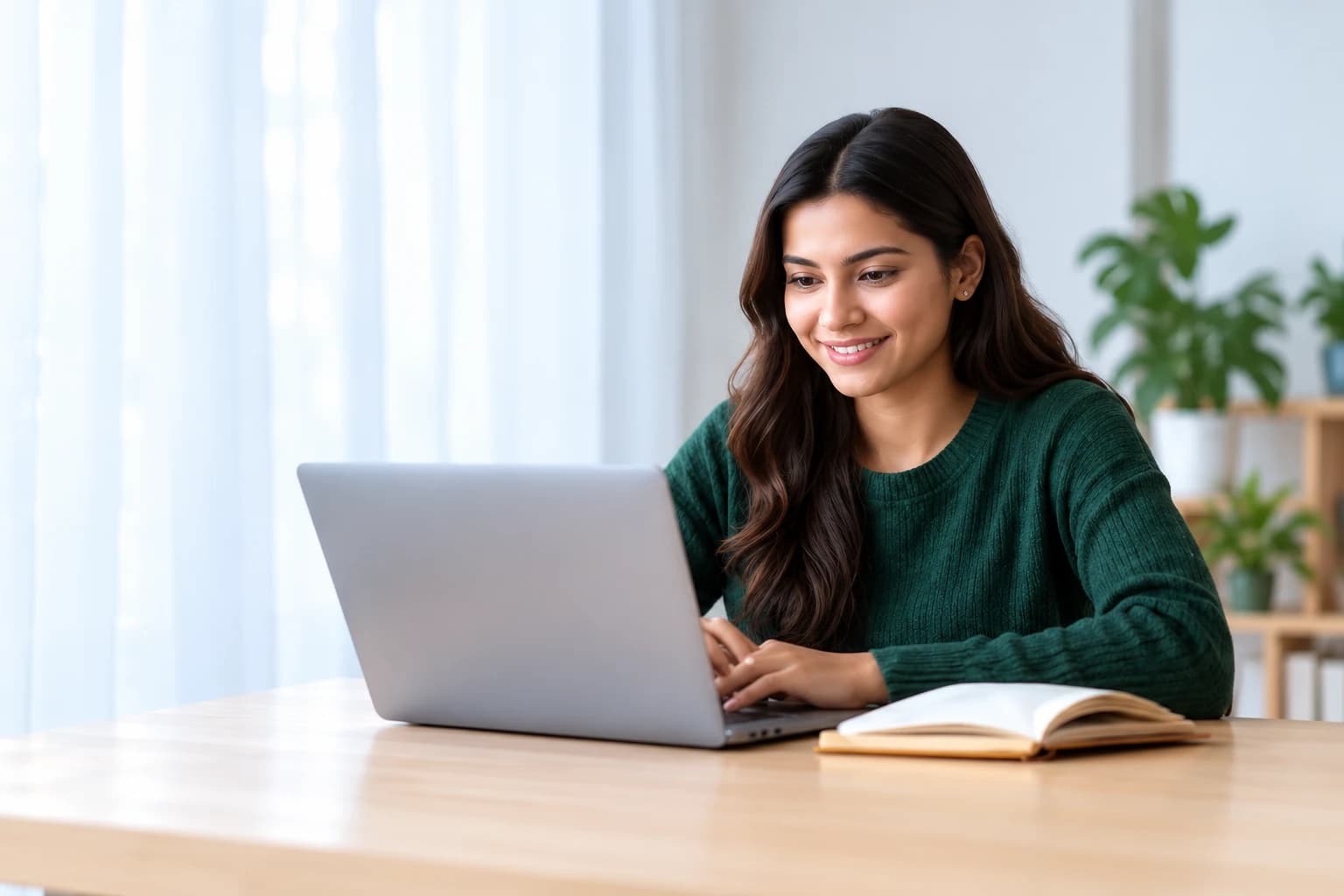 A woman preparing for her certification exam with a laptop and an open study book
